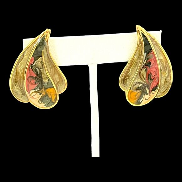Vintage Designer Earrings Gold Tone Handpainted Shimmer Enamel 1980s Pierced 3G - Picture 3 of 4